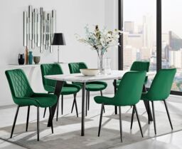 FurnitureboxUK Andria White Marble Effect & Black Leg 6 Seater Dining Table & 6 Pesaro Soft Velvet Chairs in Green
