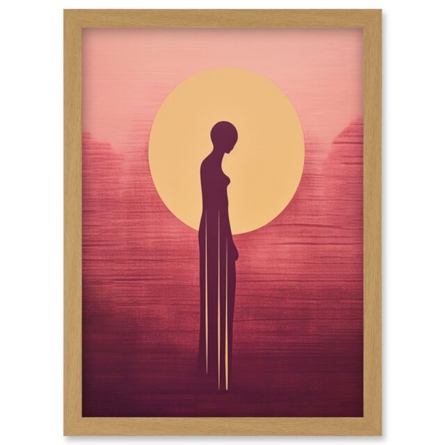 Artery8 Wall Art Print Sunrise Solitude Minimalist Artwork Plum Pink Gold African Woman Silhouette in Golden Sun Halo Artwork Framed A4 in Light Oak - image 1