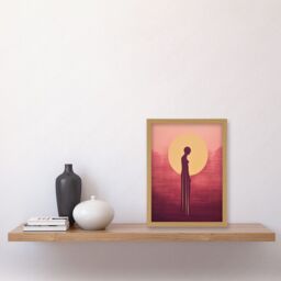Artery8 Wall Art Print Sunrise Solitude Minimalist Artwork Plum Pink Gold African Woman Silhouette in Golden Sun Halo Artwork Framed A4 in Light Oak - thumbnail 2