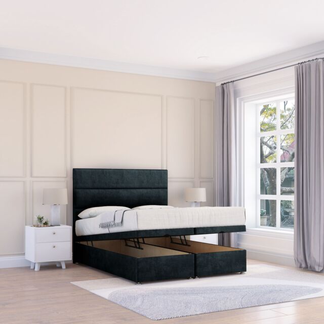 Sloomy Texas Naples Fabric Ottoman Bed End Opening With Sprung Memory Mattress & 26 Inch strut Headboard in Black - Size: Single - image 1
