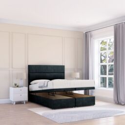 Sloomy Texas Naples Fabric Ottoman Bed End Opening With Sprung Memory Mattress & 26 Inch strut Headboard in Black - Size: Single - thumbnail 1