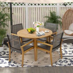 Costway Patio Dining Chairs Set of 4 Outdoor Acacia Wood & PE Wicker Chairs with Armrests in Brown - thumbnail 3
