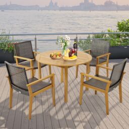Costway Patio Dining Chairs Set of 4 Outdoor Acacia Wood & PE Wicker Chairs with Armrests in Brown - thumbnail 4