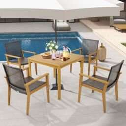 Costway Patio Dining Chairs Set of 4 Outdoor Acacia Wood & PE Wicker Chairs with Armrests in Brown - thumbnail 5