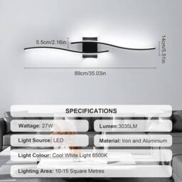 Goeco LED Wall Light 27W 6500K Creative Long Wall Lighting for Bedroom 89cm in Black - thumbnail 6