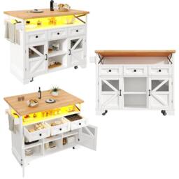 Rolipo Mobile Kitchen Island Cart with Drop-Leaf Table & Smart LED in White - thumbnail 9