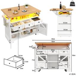 Rolipo Mobile Kitchen Island Cart with Drop-Leaf Table & Smart LED in White - thumbnail 8