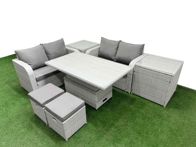 Fimous 6 Seater Outdoor Love Sofa Set Rattan Garden Furniture Set w/ Adjustable Lifting Dining or Coffee Table 2 Small Stools 2 Side Tables Light Grey - image 1