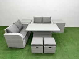 Fimous 6 Seater Outdoor Love Sofa Set Rattan Garden Furniture Set w/ Adjustable Lifting Dining or Coffee Table 2 Small Stools 2 Side Tables Light Grey - thumbnail 2