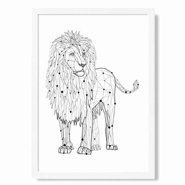 ARTZE Line Art Lion Geometric Animal Framed Print SIZE: A2 with White Frame in Black - Size: A4 - image 1