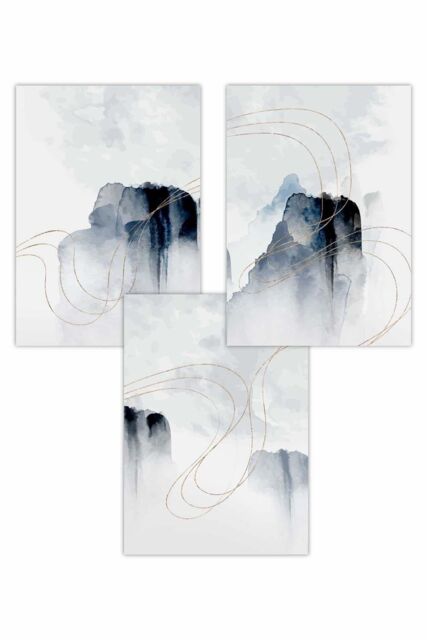 ARTZE Set of 3 Abstract Minimal Navy & White Cliffs Art Posters - Size: W30 cm x H42 cm - image 1