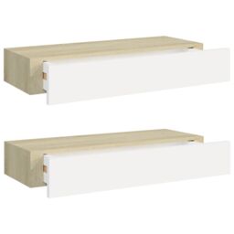 Berkfield Home Wall Drawer Shelves 2 pcs Oak & White 60x23.5x10cm MDF in Brown - Size: 60x23.5x10 cm - thumbnail 2