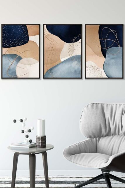 ARTZE Abstract Blue, Beige, Gold Shapes Framed Wall Art - Medium in Black - Size: W45 cm x H62 cm x D20mm - image 1