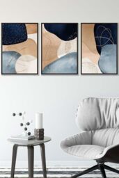 ARTZE Abstract Blue, Beige, Gold Shapes Framed Wall Art - Medium in Black - Size: W45 cm x H62 cm x D20mm