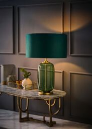 ValueLights Leigh Green Velvet Drum Shade with Forest Green Glass & Gold Trim Table Lamp in Bottle Green - thumbnail 2