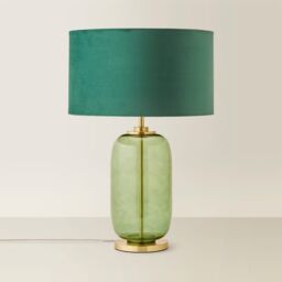 ValueLights Leigh Green Velvet Drum Shade with Forest Green Glass & Gold Trim Table Lamp in Bottle Green - thumbnail 3