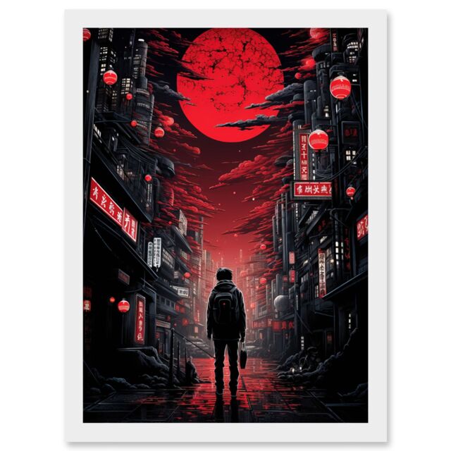 Artery8 Wall Art Print Midnight Blood Moon in Tokyo Conceptual Artwork Gothic Street Japan Cityscape Artwork Framed A4 in White - image 1