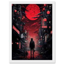 Artery8 Wall Art Print Midnight Blood Moon in Tokyo Conceptual Artwork Gothic Street Japan Cityscape Artwork Framed A4 in White - thumbnail 1
