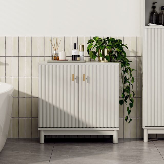 VonHaus Victoria Fluted Design Bathroom Storage Cabinet in Stone - image 1