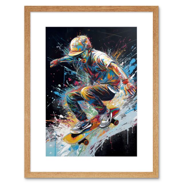 "Artery8 Wall Art Print Skateboarder Skating Multicoloured Splat Paint Artwork Framed 9X7 Inch in Beige - Size: W7"" x H9""" - image 1