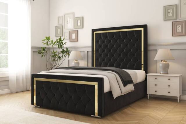 "Comfort Beds Sofia Gold Plush Bed Frame - 50"" Upholstered Headboard in Black - Size: King" - image 1