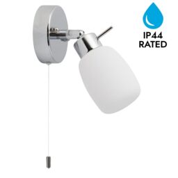 First Choice Lighting Brom - Chrome Opal Glass IP44 Pull Cord Bathroom Wall Spotlight in Silver - thumbnail 2