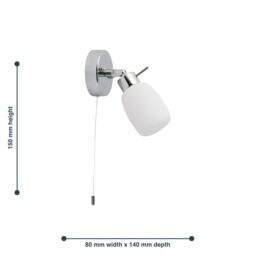 First Choice Lighting Brom - Chrome Opal Glass IP44 Pull Cord Bathroom Wall Spotlight in Silver - thumbnail 4