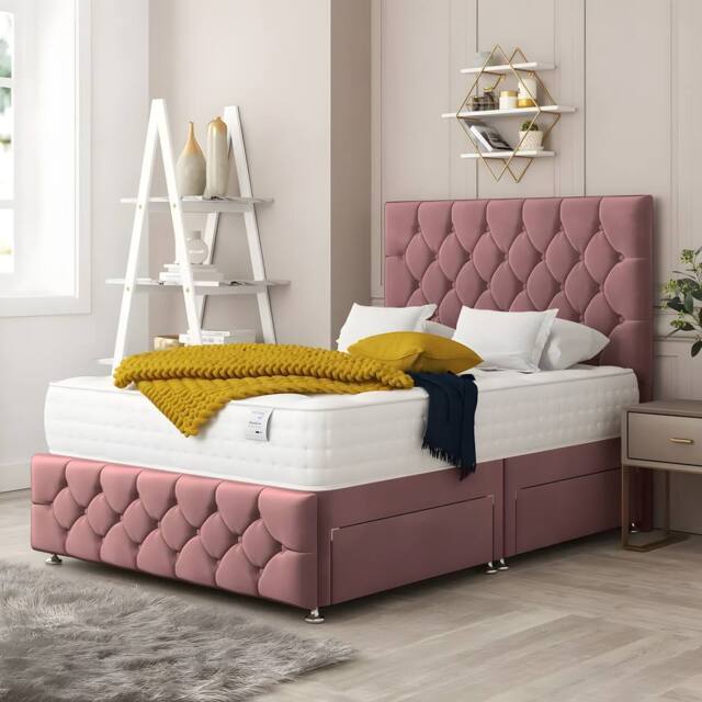 PARADISE BEDS LTD Velvet Vault Divan Bed Set With 2 Storage drawers in Pink - Size: King - image 1