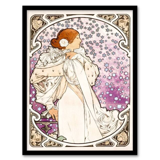 Artery8 Alphonse Mucha Framed Wall Art Lady of Camellias Theatre Portrait in Purple - Size: A4 - image 1