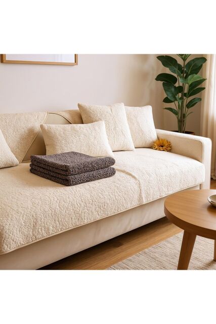 Living and Home Non-Slip Faux Plush Sherpa-Style Sofa Cover in Beige - Size: Medium - image 1