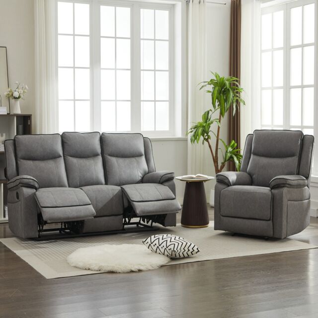 FURNITURE ONE Manual Recliners Sofa, Recliner Couches Set - Armchair + 3 Seater in Grey - Size: 4 Person - image 1