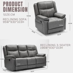 FURNITURE ONE Manual Recliners Sofa, Recliner Couches Set - Armchair + 3 Seater in Grey - Size: 4 Person - thumbnail 2