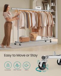 SONGMICS Portable Extendable Clothes Rack on Wheels Heavy Duty in Silver - thumbnail 4