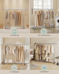 SONGMICS Portable Extendable Clothes Rack on Wheels Heavy Duty in Silver - thumbnail 6