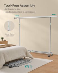 SONGMICS Portable Extendable Clothes Rack on Wheels Heavy Duty in Silver - thumbnail 5