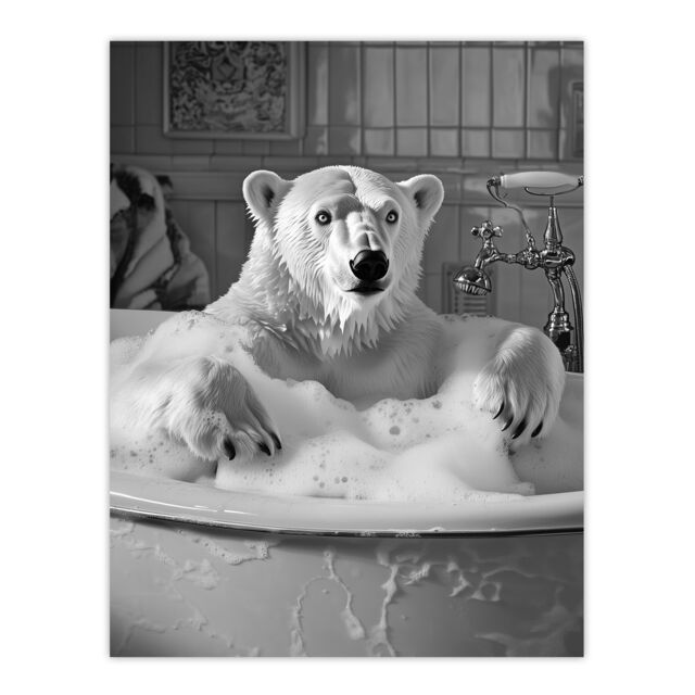 "Artery8 Polar Bear Bathtub Bubble Bath Black White Funny Wall Art Print in Grey - Size: W12"" x H16""" - image 1