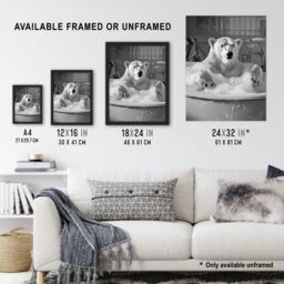 "Artery8 Polar Bear Bathtub Bubble Bath Black White Funny Wall Art Print in Grey - Size: W12"" x H16""" - thumbnail 3