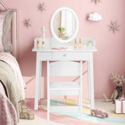 Costway Kids Vanity Table & Chair Set Children Makeup Dressing Table with Mirror in Black - thumbnail 4