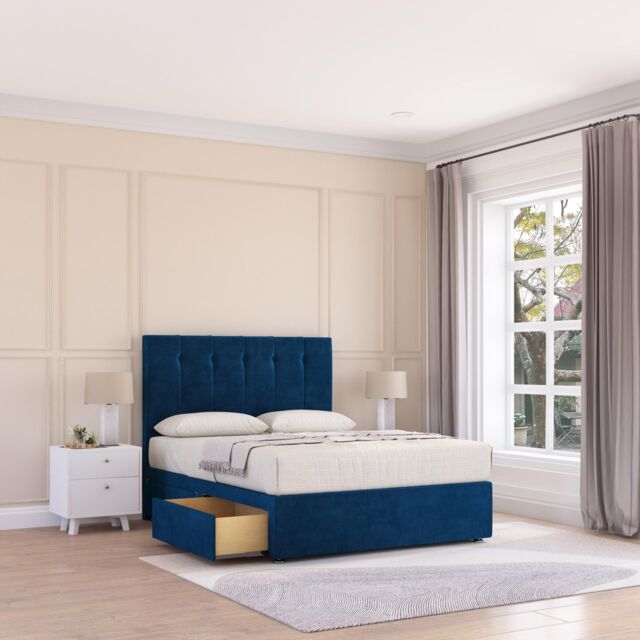 Sloomy Highbury Plush Velvet Memory Foam Bed Set With 4 Drawers, Mattress & Headboard in Navy - Size: Small Double - image 1