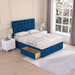 Sloomy Highbury Plush Velvet Memory Foam Bed Set With 4 Drawers, Mattress & Headboard in Navy - Size: Small Double - thumbnail 2