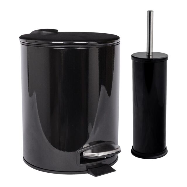 Harbour Housewares 5L Round Bathroom Bin & Brush Set - Slim Stainless Steel Bathroom Set in Black - image 1