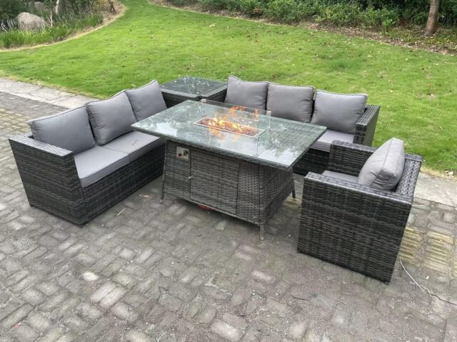 Fimous 7 Seater Rattan Garden Furniture Sofa Set Outdoor Patio Gas Fire Pit Dining Table Gas Heater Burner in Dark Grey - image 1