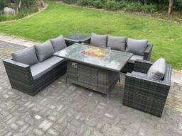 Fimous 7 Seater Rattan Garden Furniture Sofa Set Outdoor Patio Gas Fire Pit Dining Table Gas Heater Burner in Dark Grey - thumbnail 3
