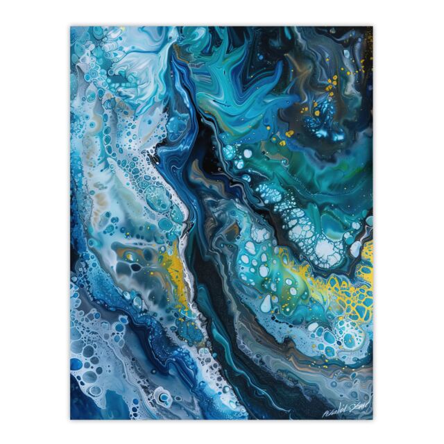 "Artery8 Liquid Paint Teal Blue Yellow Abstract Painting Wall Art Print - Size: W12"" x H16""" - image 1