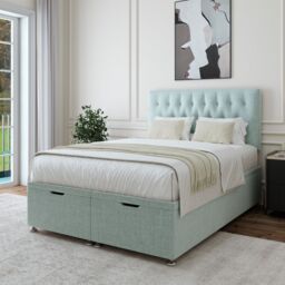 Bedmaster Linen Ottoman Divan Base & Button Headboard in Duck Egg Blue - Size: Small Double - thumbnail 1