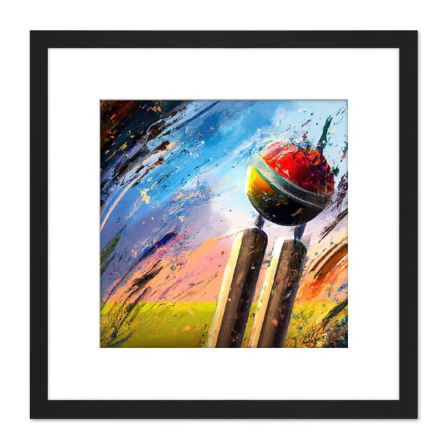 Artery8 Cricket Wicket Fast Bowler Sports Splatter Style Oil Painting Square Wooden Framed Wall Art Print Picture 8X8 Inch in Black - image 1