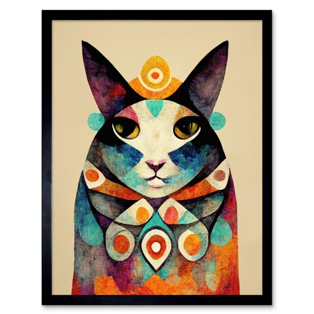 "Artery8 Wall Art Print Quirky Boho Abstract Modern Shaman Guru Cat Art Framed in Black - Size: W12"" x H16""" - image 1