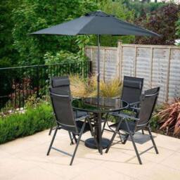 Hectare 4 Seater Dining Set With Parasol Reclining Chairs Glass Table In Black - thumbnail 3