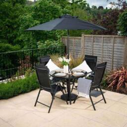 Hectare 4 Seater Dining Set With Parasol Reclining Chairs Glass Table In Black - thumbnail 1