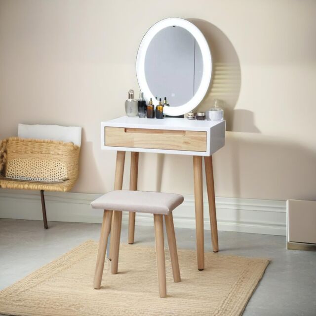 FURNOS Vanity Dressing Table With Mirror & Cushioned Stool in White - image 1
